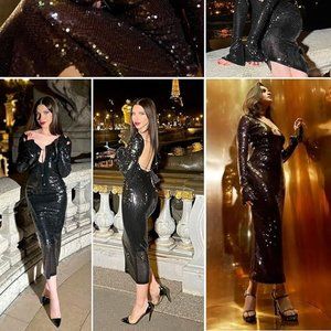 Black Sequin Midi Dress with Low Back, Cut Outs and Draw Strings SMALL